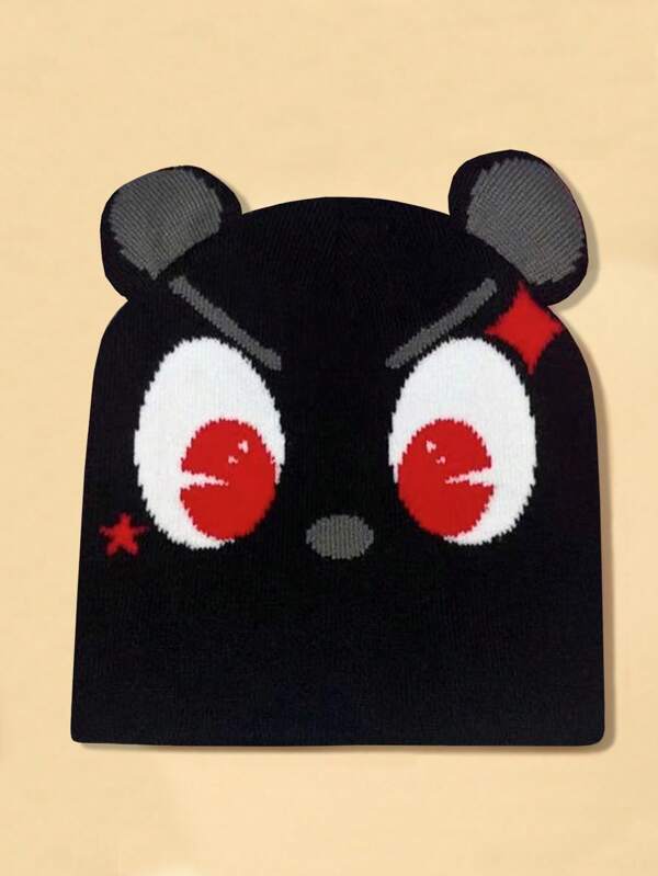 Black Cartoon Earflap Beanie